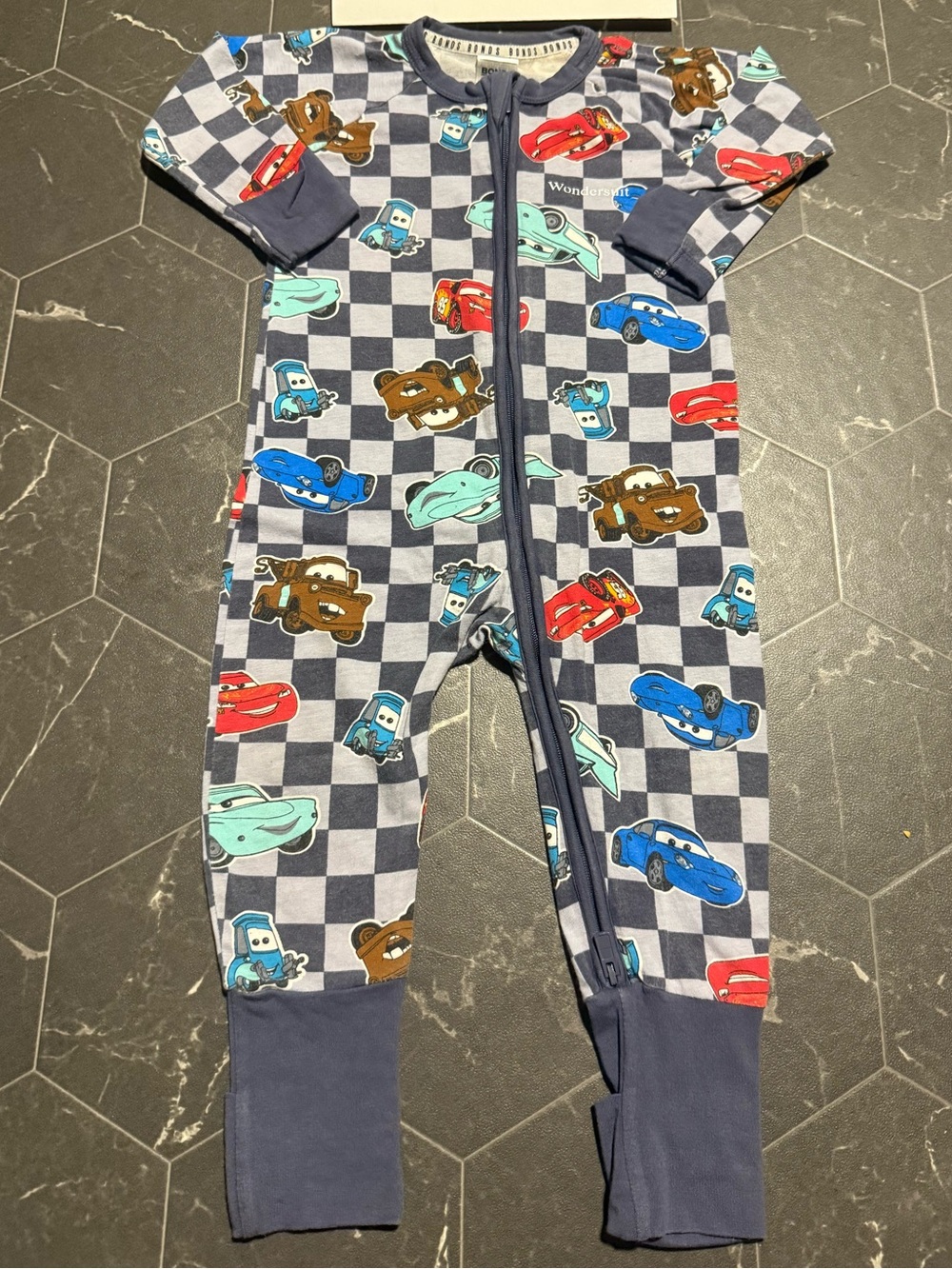 Bonds Cars Kids Checkered Cars One-Piece Footie - Blue, Red, Teal, Brown